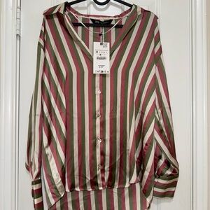 Zara Green and Pink Striped V-Neck Top